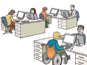 Menschen mit und ohne Behinderung arbeiten gemeinsam im Büro.
