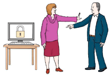 Bild zum Thema Datenschutz. Ein Computer zeigt ein Schloss auf dem Bildschirm. Ein Mann möchte an den Computer. Eine Frau zeigt mit der Hand dem Mann ein Stopp.